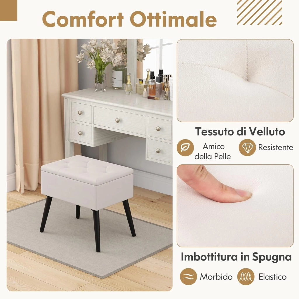 Sgabello Contenitore, Pouf Sgabello Ottoman, Poggiapiedi Moderno da Trucco, con Gambe in Legno Massello & Seduta Imbottita, Portata 150 kg, 49,5 x 35 x 46,5 cm (Beige)