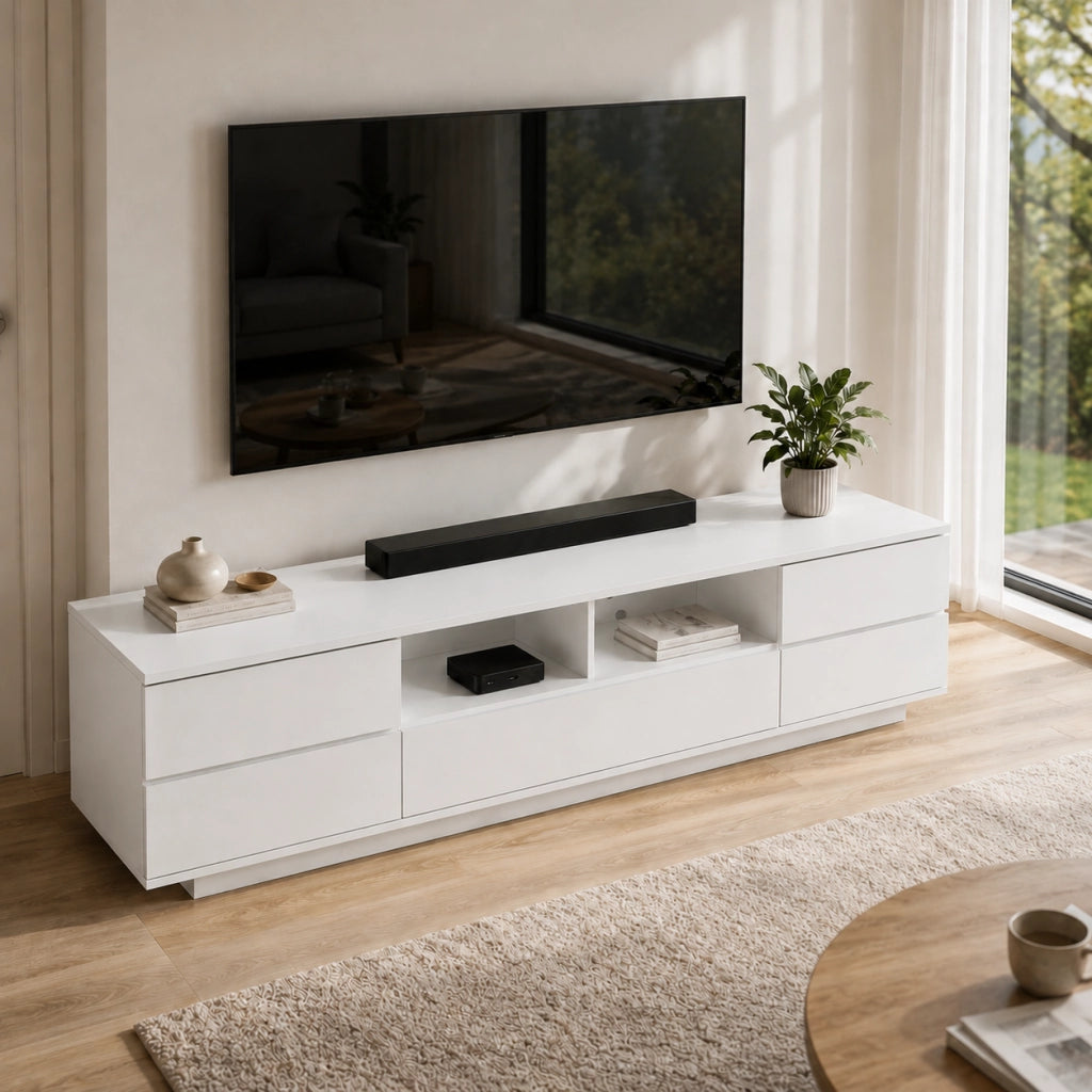 Mobile Televisore Moderno Con 4 Ante 1 Anta A Ribalta 2 Vani A Vista Con Passacavi Per Soggiorno Zona Living Salotto In MDF Resistente 180 x 38 x 46 Cm Bianco