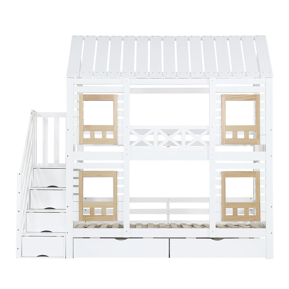Letto a castello sicurezza - Xylo - 90x200cm bianco/naturale, 2 cassetti