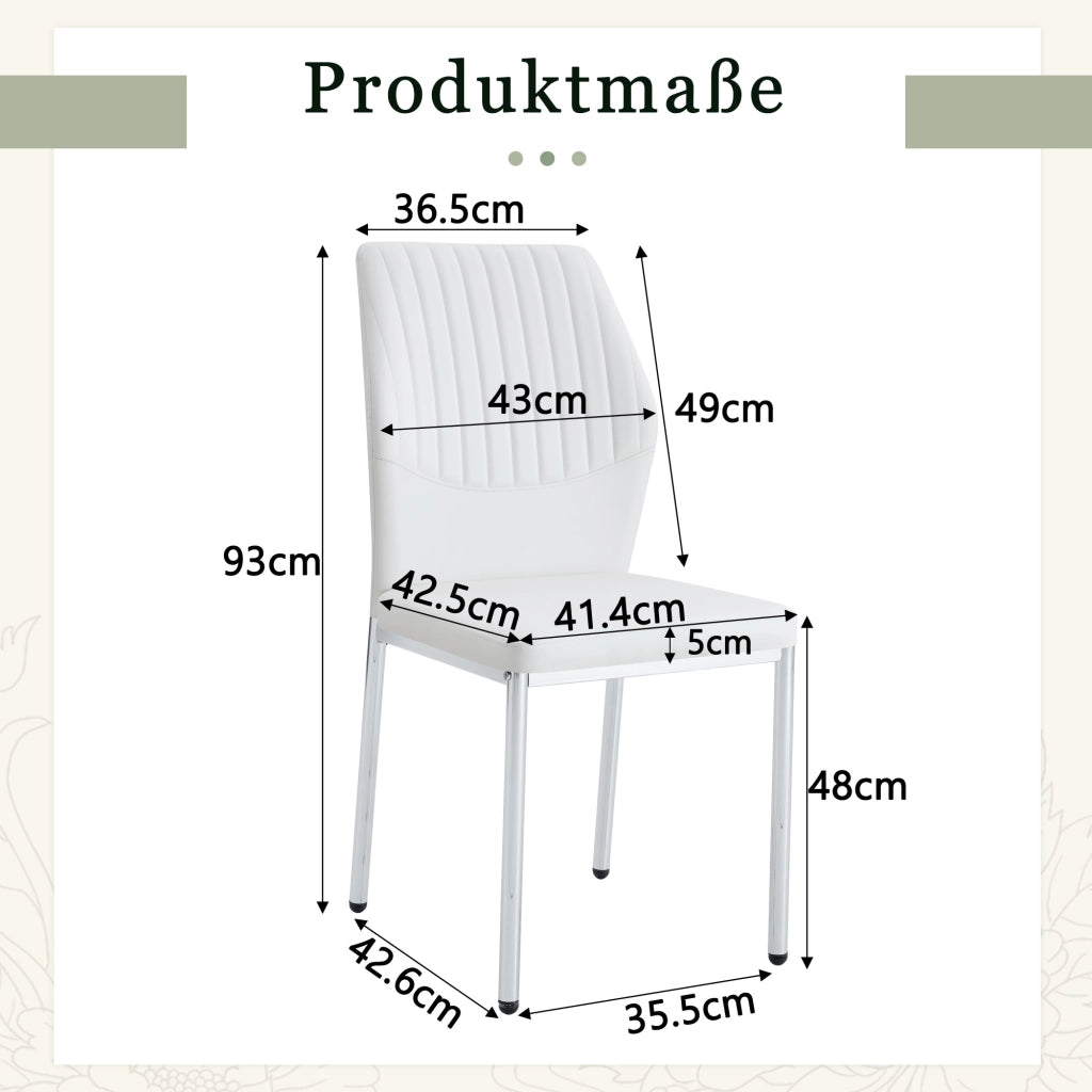 Chaise da sala da pranzo in pu con schienale a coste e gambe in metallo, set da 4, bianco argento per soggiorno