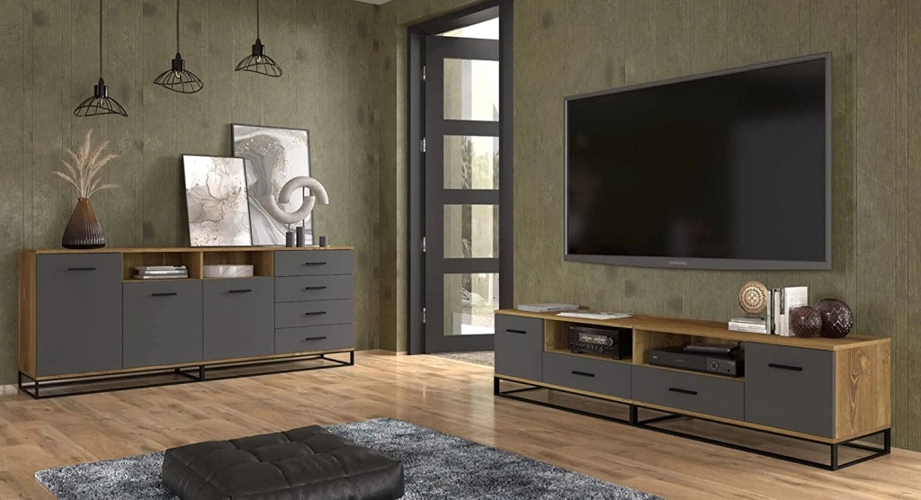 MOBILE TV PIANO TV SOGGIORNO GRAFITE ROVERE  190x45.2x42.5cm ARSEN
