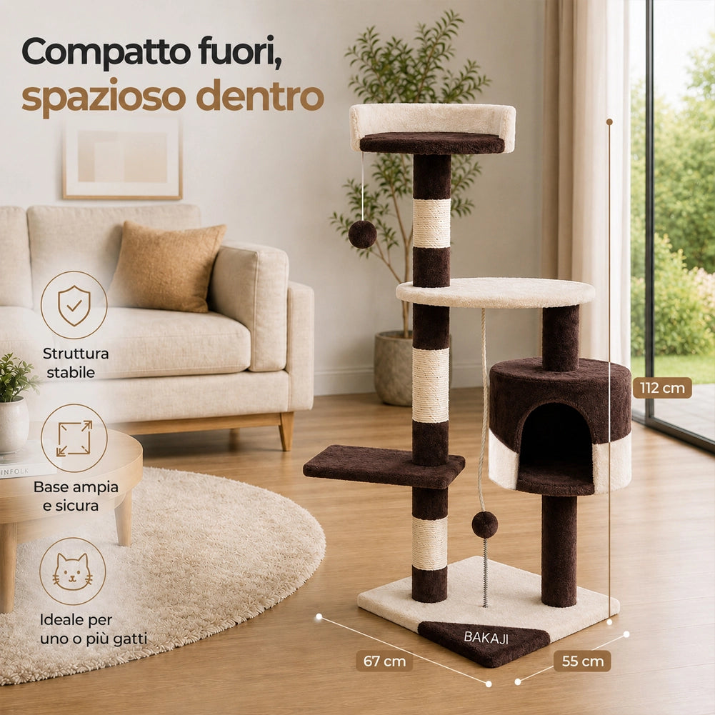 Albero Tiragraffi Gatti Parco Giochi Cuccia Graffiatoio gatto 112cm Marrone Crem