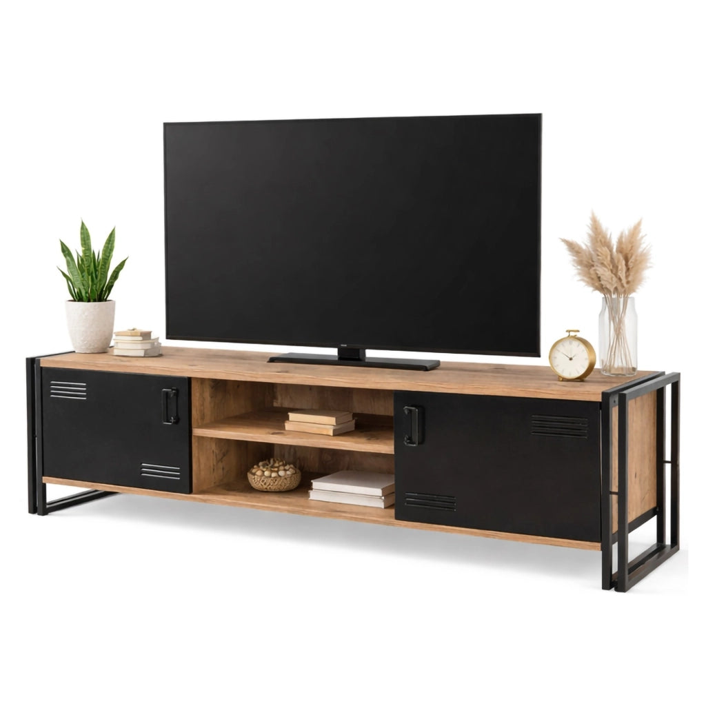 Mobile porta TV Cyprien, Credenza da soggiorno, Armadio basso per TV, Base parete attrezzata, 180x45h50 cm, Quercia e Nero
