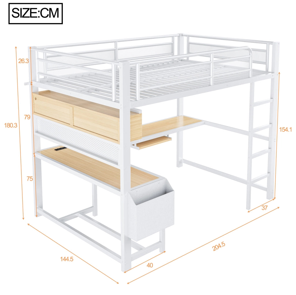 Letto a soppalco 140x200 cm con scrivania, LED e ricarica USB