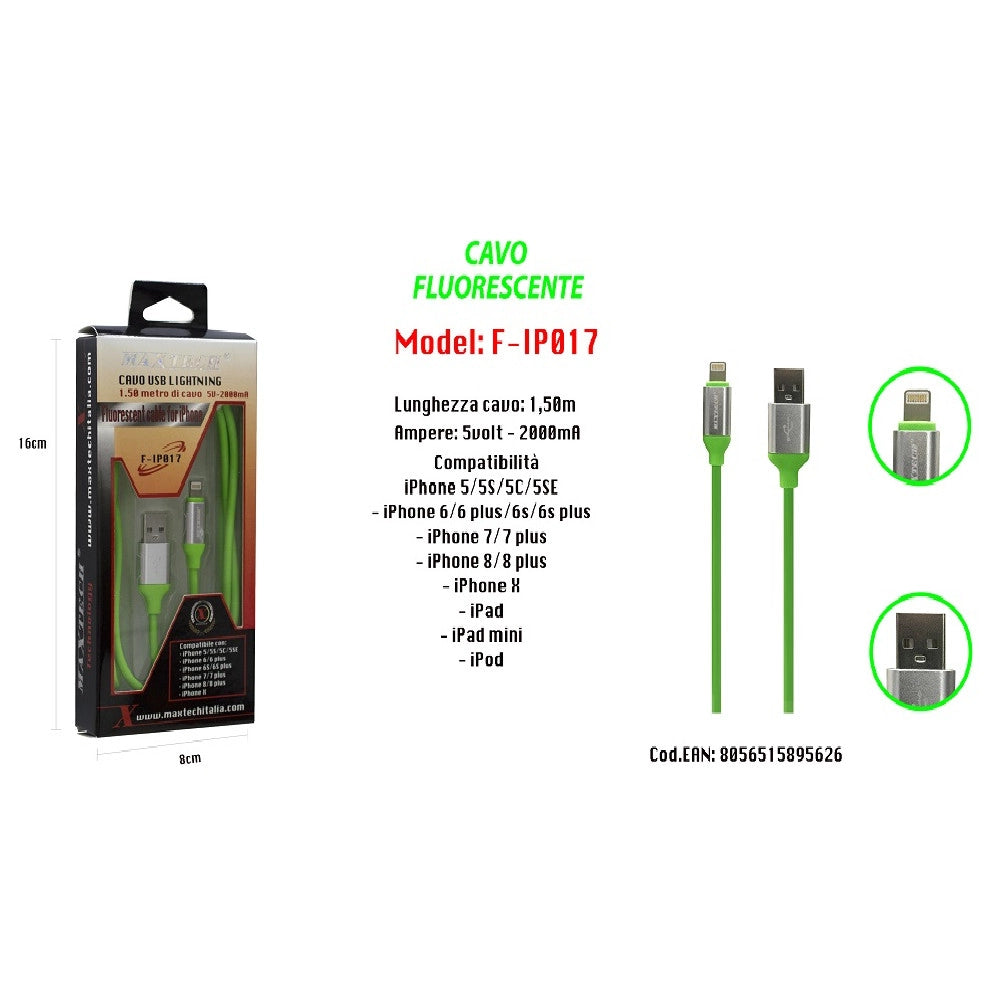 Trade Shop - Cavo Fluorescente Ricarica Per Iphone Ipad Ipod 1,50mt 5volt - 2000ma Maxtech F-ip017 -
