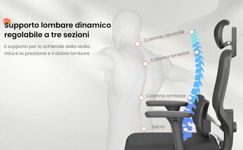 Sedia da ufficio ergonomica con supporto lombare regolabile, braccioli ribaltabili, base girevole per il gaming e portata massima di 150 kg.
