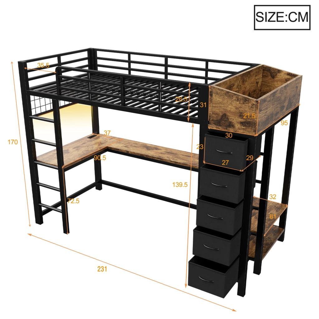 Letto a soppalco in metallo 90x200 cm con scrivania gaming, sistema di contenimento e luci LED