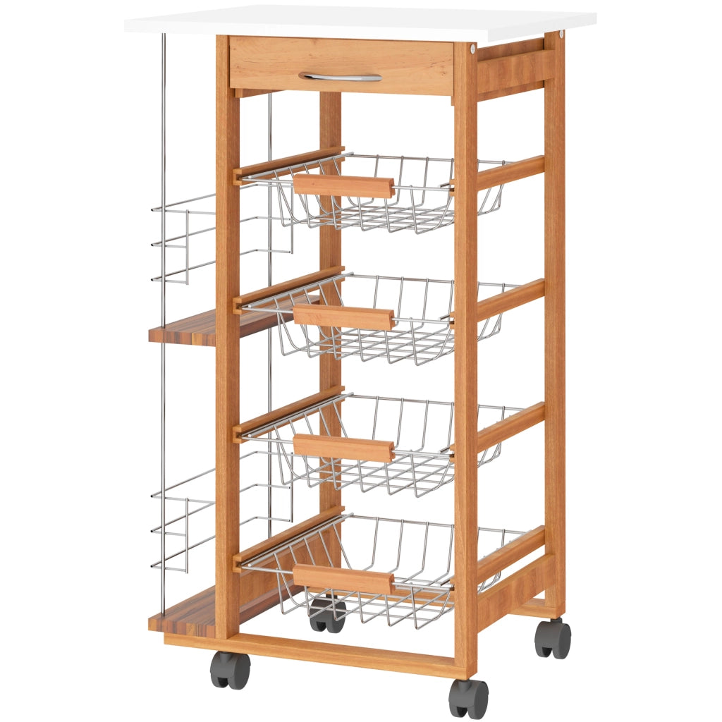 Carrello da Cucina in Legno Marrone con 1 Cassetto e 4 Cestelli Metallici