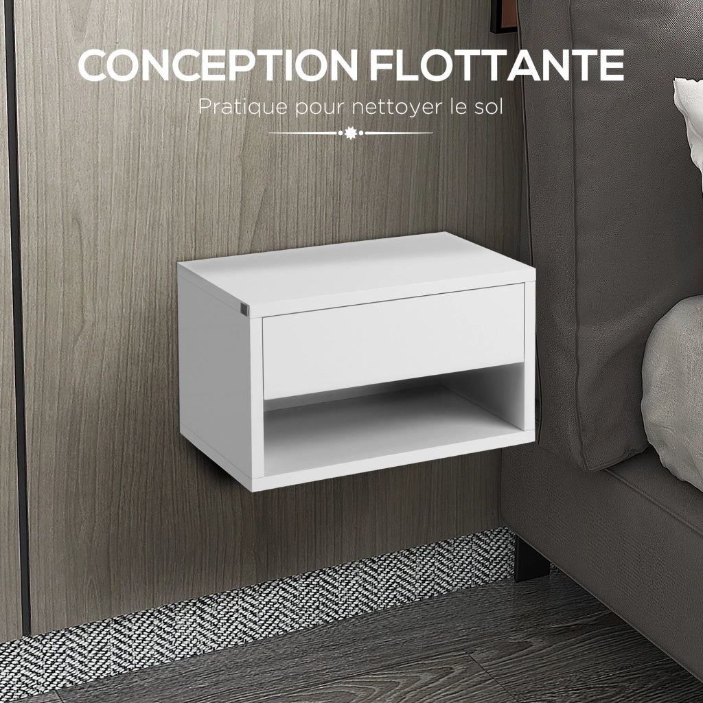 Comodino da parete con cassetto e scomparto aperto ¨C Xylo ¨C Bianco 37x32x21 cm