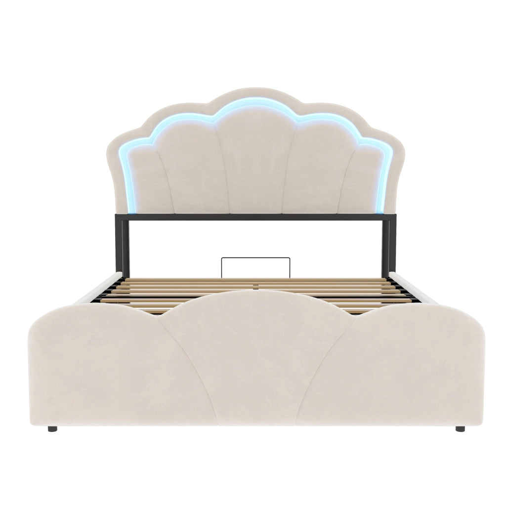Letto imbottito 140x200 cm con contenitore idraulico; LED e vani nella testiera in velluto beige