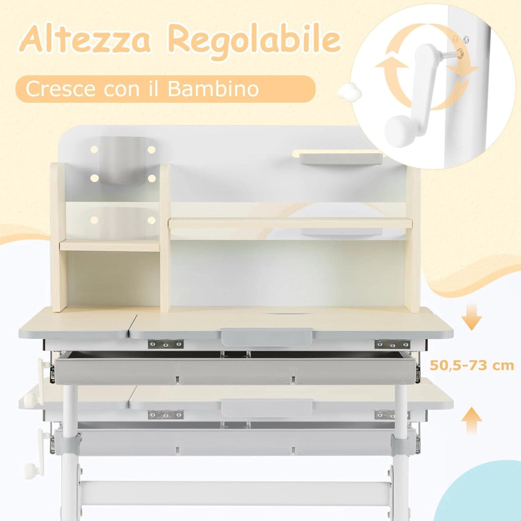 Scrivania per Bambini 3+ Anni Regolabile in Altezza 50-73 cm,Grigio | Scrivania da Studio con Piano Inclinabile 60°, Scrittoio Cameretta con Scaffale, Cassetto, Portapenne e Righello