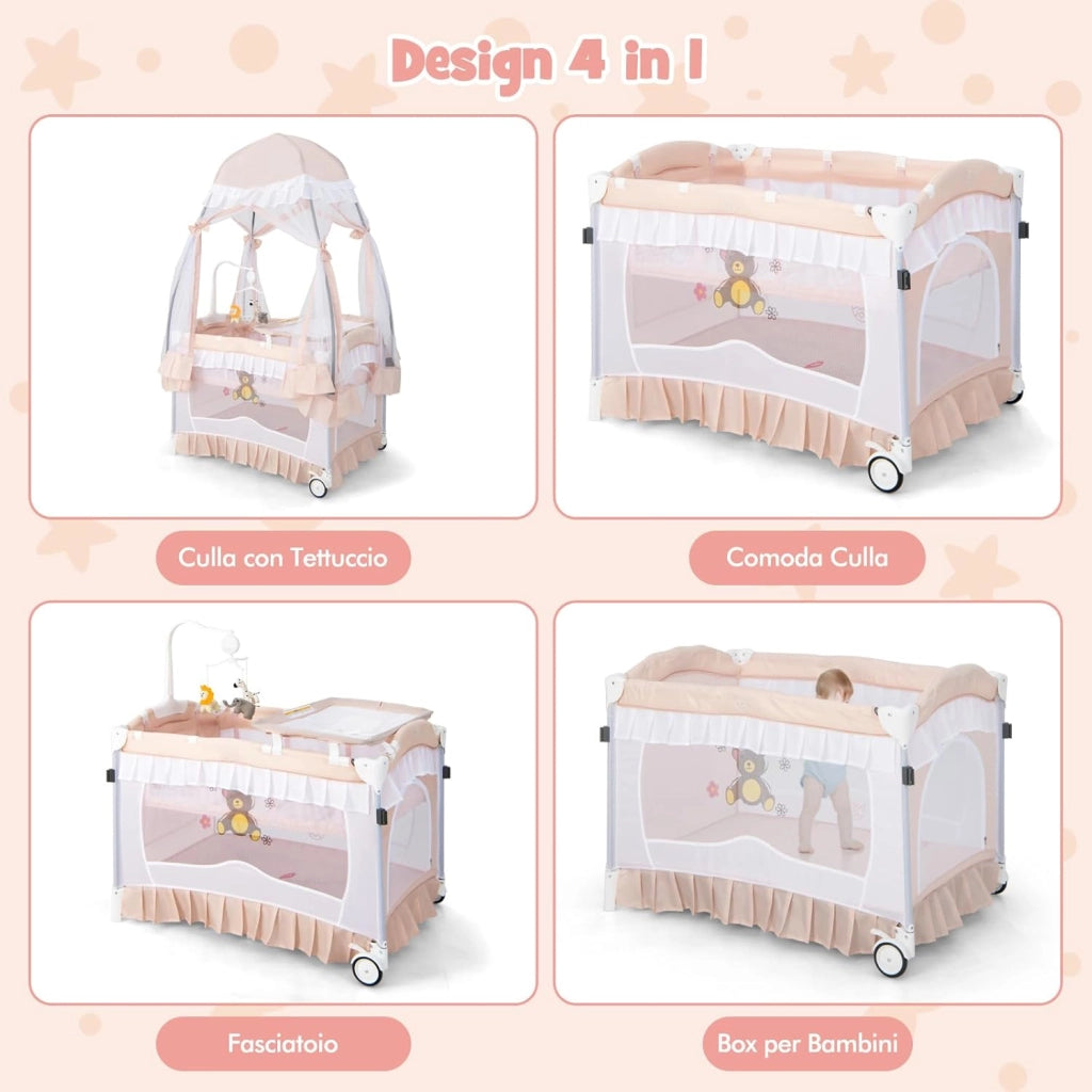 Lettino da Campeggio per Bambini, Culla Pieghevole con Fasciatoio Zanzariera, Box Neonati con Giocattoli, Ruote, per Bambini 0-36 Mesi (Rosa)