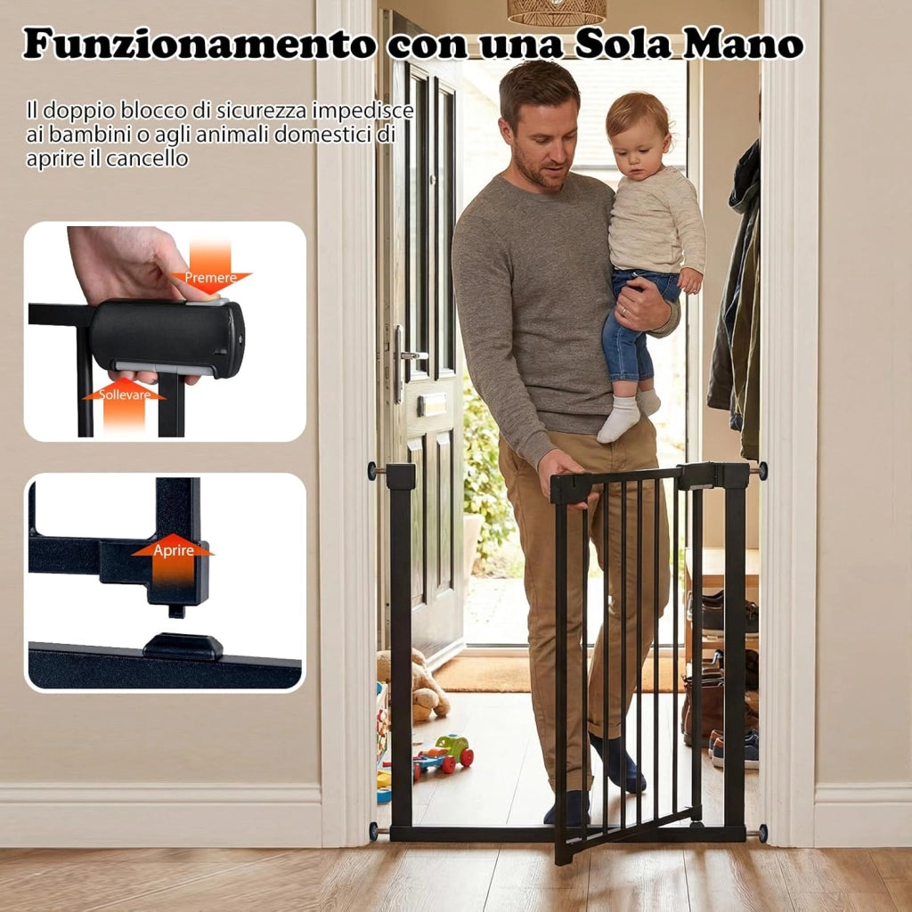 Cancelletto di Sicurezza per Bambini, con Sistema di Chiusura Automatica, Recinto Sicurezza Neonati Animali Domestici, per Porte 75-82 cm (Nero)