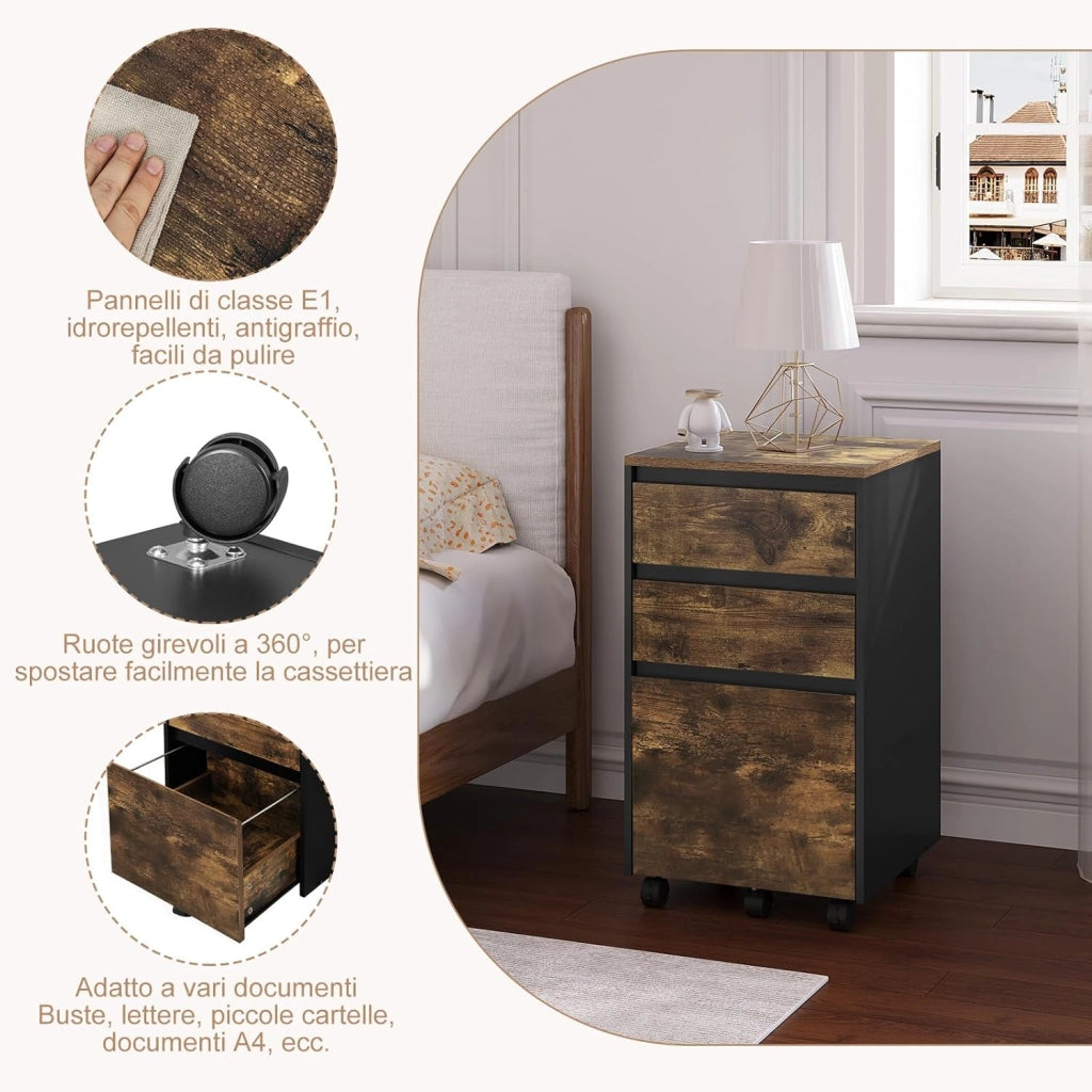 Cassettiera da Ufficio, Cassettiera Portadocumenti a 3 Cassetti, Mobiletto Portaoggetti con Ruote per Studio, Camera da Letto, in Legno, Rovere Vintage e Nero, 40x40x70cm, ASK01hov