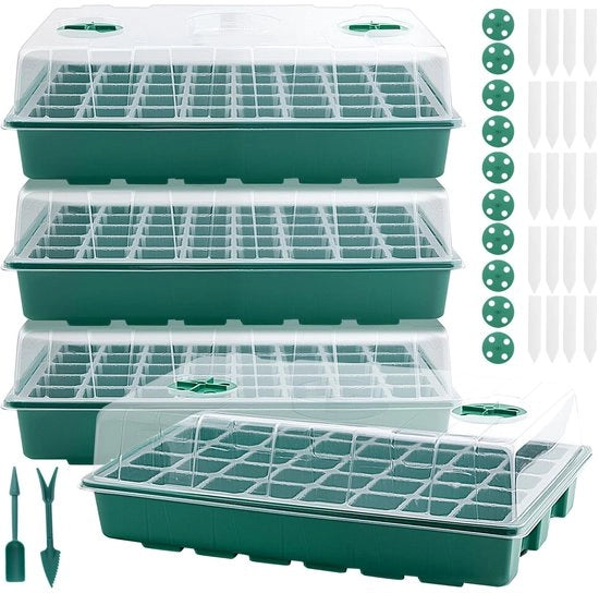 Set di contenitori per semi 4 pezzi - Contenitore per semi 160 celle - Materiale plastico - Aperture di ventilazione regolabili - Coperture trasparenti - Dimensioni 38 x 24,5 x 12 cm - Tray per semina