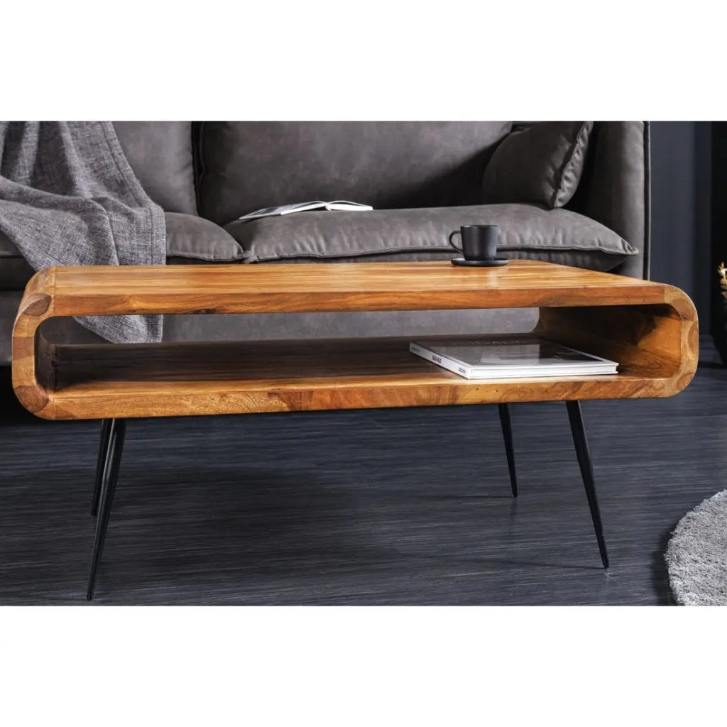 Tavolino RETROVA 90 cm in legno di Sheesham verniciato con gambe in metallo nero e vano aperto