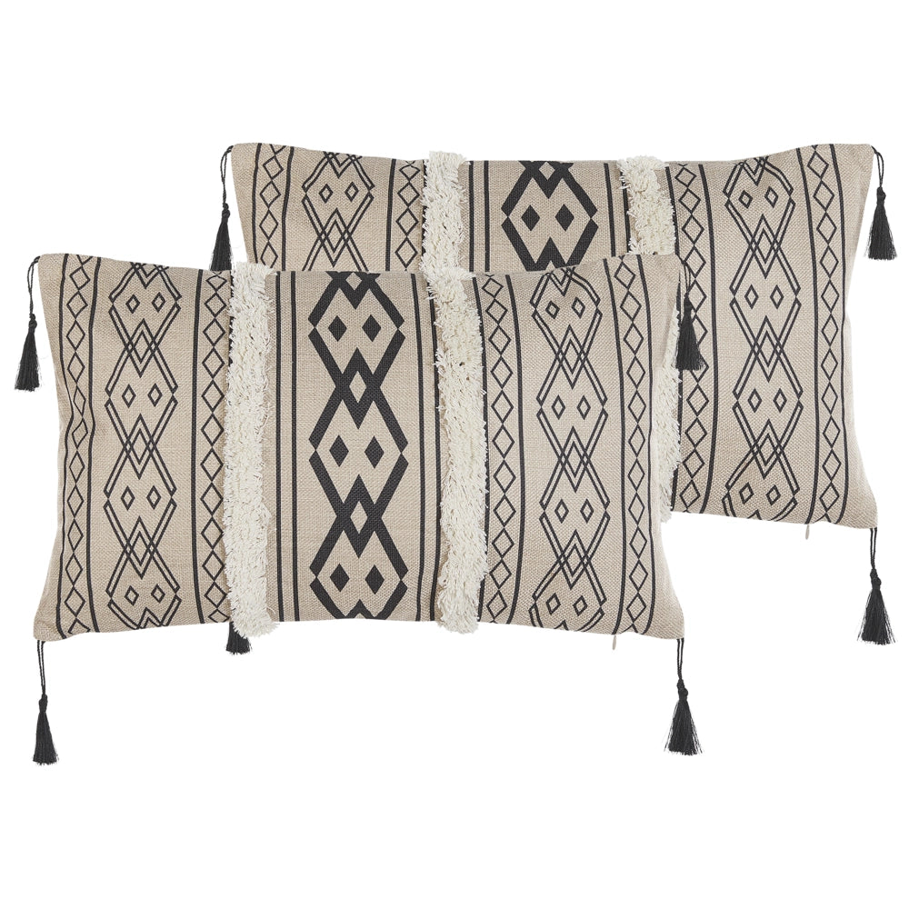 Set di 2 cuscini motivo geometrico nappe 30 x 50 cm beige e nero