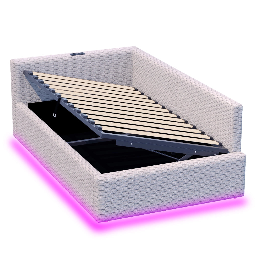 Letto imbottito multifunzione 90x200 cm in velluto grigio con contenitore; LED e porte USB