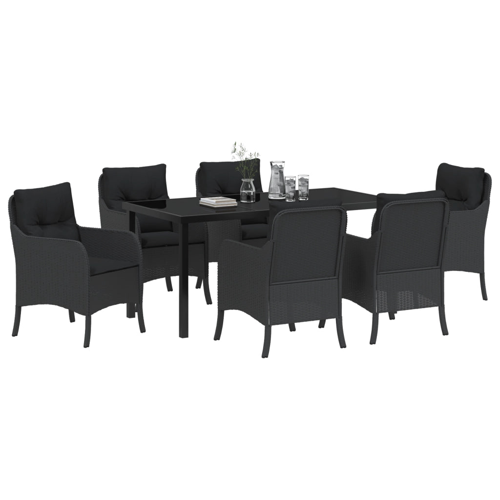 Set da Pranzo da Giardino da 7 Pezzi con Cuscini in Rattan Poliestere Nero