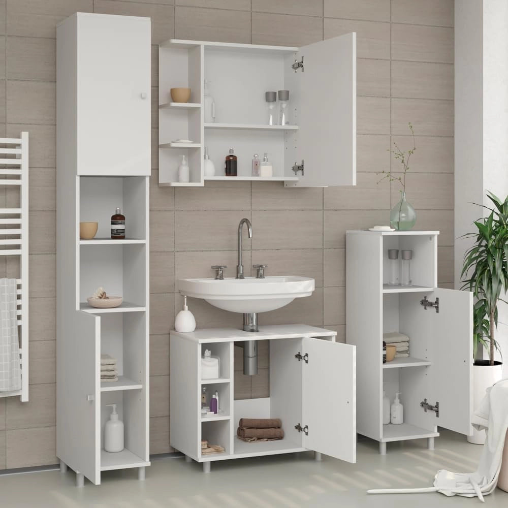 Set mobili bagno Fynn, Bianco, 60 cm, composto da mobile lavabo, pensile a specchio, colonna e base media