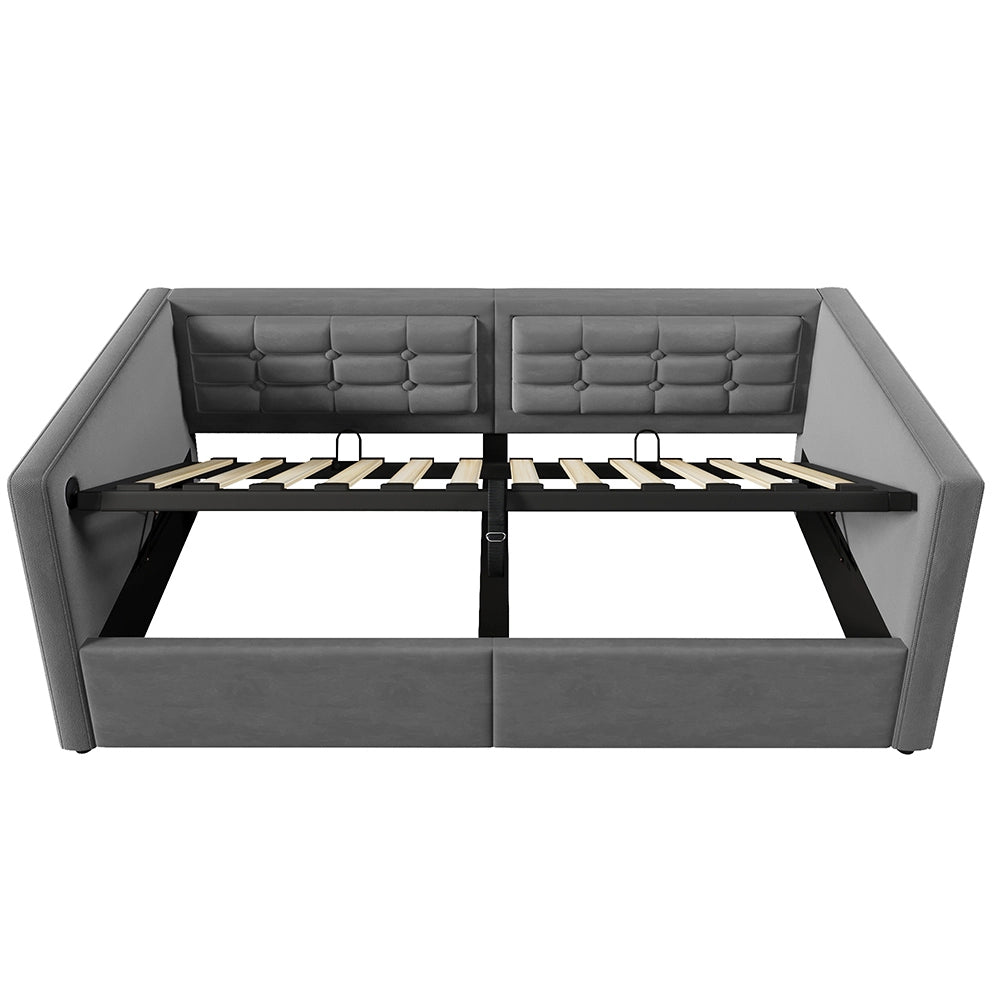 Divano letto-Xylo-90x190 cm-idraulico, USB-C, doghe legno, velluto, grigio