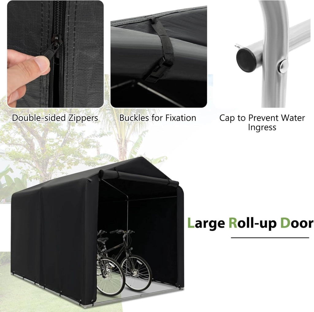 Capanno da Giardino 218 X 160 X 164 CM, Tenda Garage per Bici Moto Attrezzi, con Copertura en PE Impermeabile, Porta con Cerniera, Telaio in Metallo, Picchetti, per Esterno (Grigio Scuro)