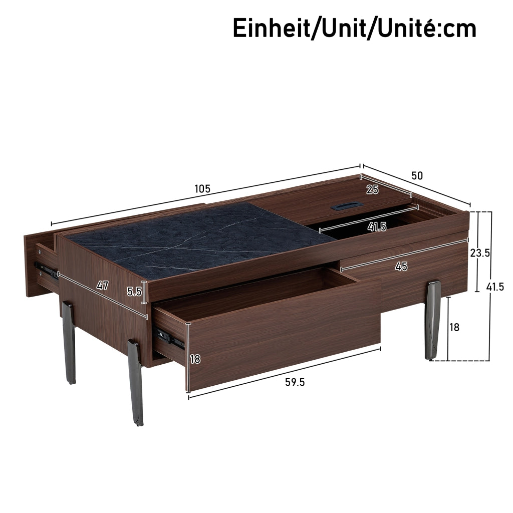 Tavolino da Caffè con 2 Cassetti; Piano Scorrevole e Piano in Vetro; Stile Industriale; in MDF; 105×50×41;5 cm; Marrone