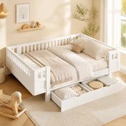 Letto a piattaforma 140x200 cm con protezione alta e due ampi cassetti, bianco