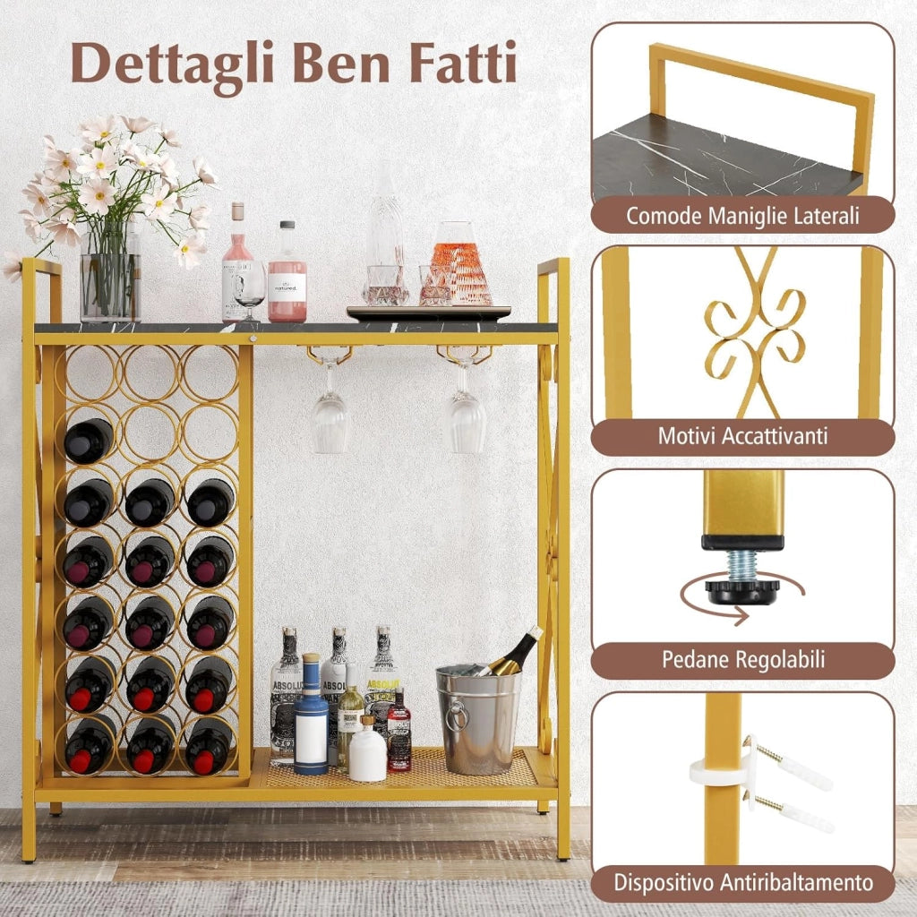 Portabottiglie da Terra per 21 Bottiglie, Portabottiglie da Vino con Supporto per Bicchieri, Piano in Legno e Mensola per Stoccaggio, Struttura Metallica，per Cucina e Bar (Nero)