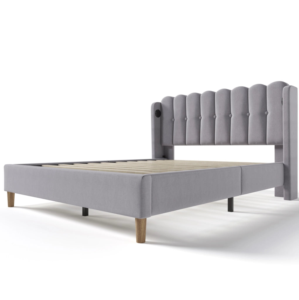 Letto imbottito grigio 140x200 cm con USB e Tipo C, materasso incluso