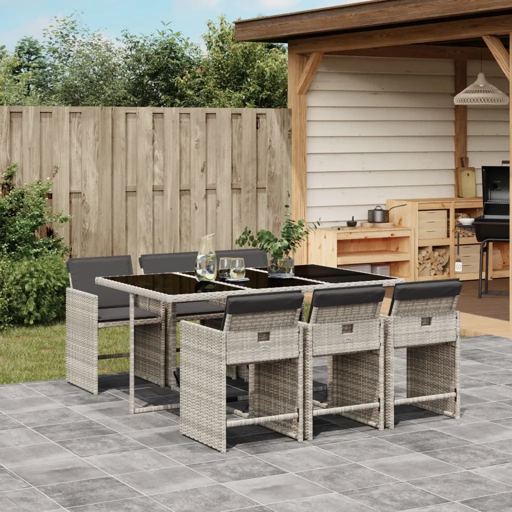 Set da Pranzo da Giardino 7 pz Cuscini Polyrattan Grigio Chiaro