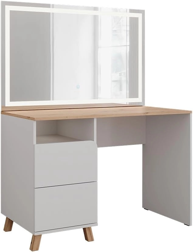Tavolo da toeletta Karen, Bianco/Artisan, 110 cm con specchio a LED, Materiali robusti per un utilizzo duraturo