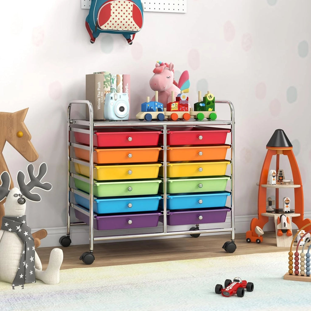 Carrello di Stoccaggio con 12 Cassetti, Carrello portaoggetti con 4 Ruote, Carrello Multiuso per Scuola Ufficio Cucina, 64 x 38 x 62 cm (12 cassetti Colorato)
