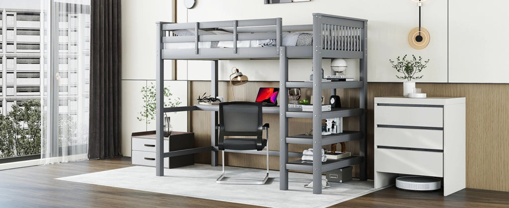 Letto a soppalco per bambini 90x200 cm con scrivania e ripiani, grigio, senza materasso