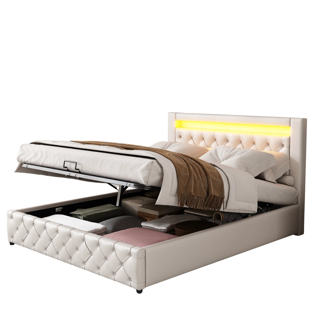 Letto matrimoniale imbottito 140x190 cm con contenitore; rete a doghe; LED; PU bianco