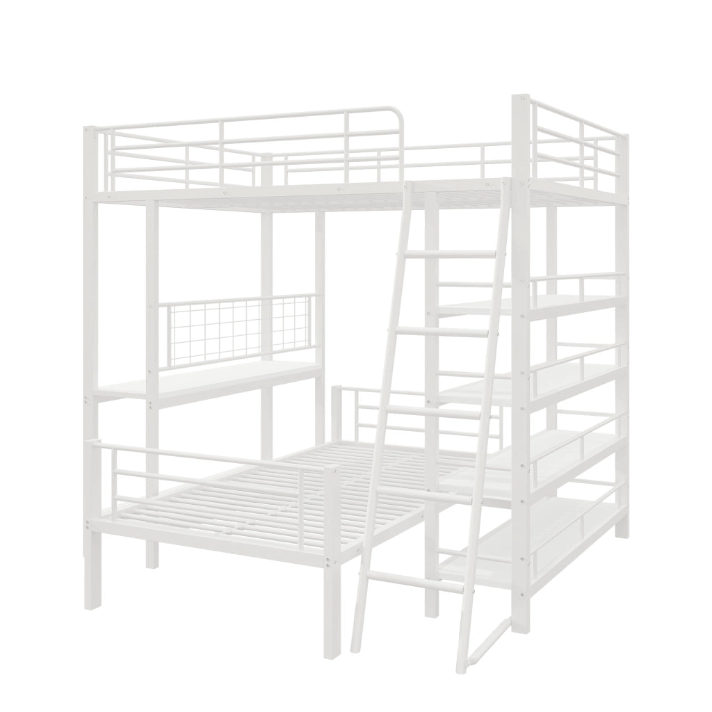 Letto a castello 140 × 200 cm 2 posti con ripiani, separabile, senza materasso, in metallo, bianco