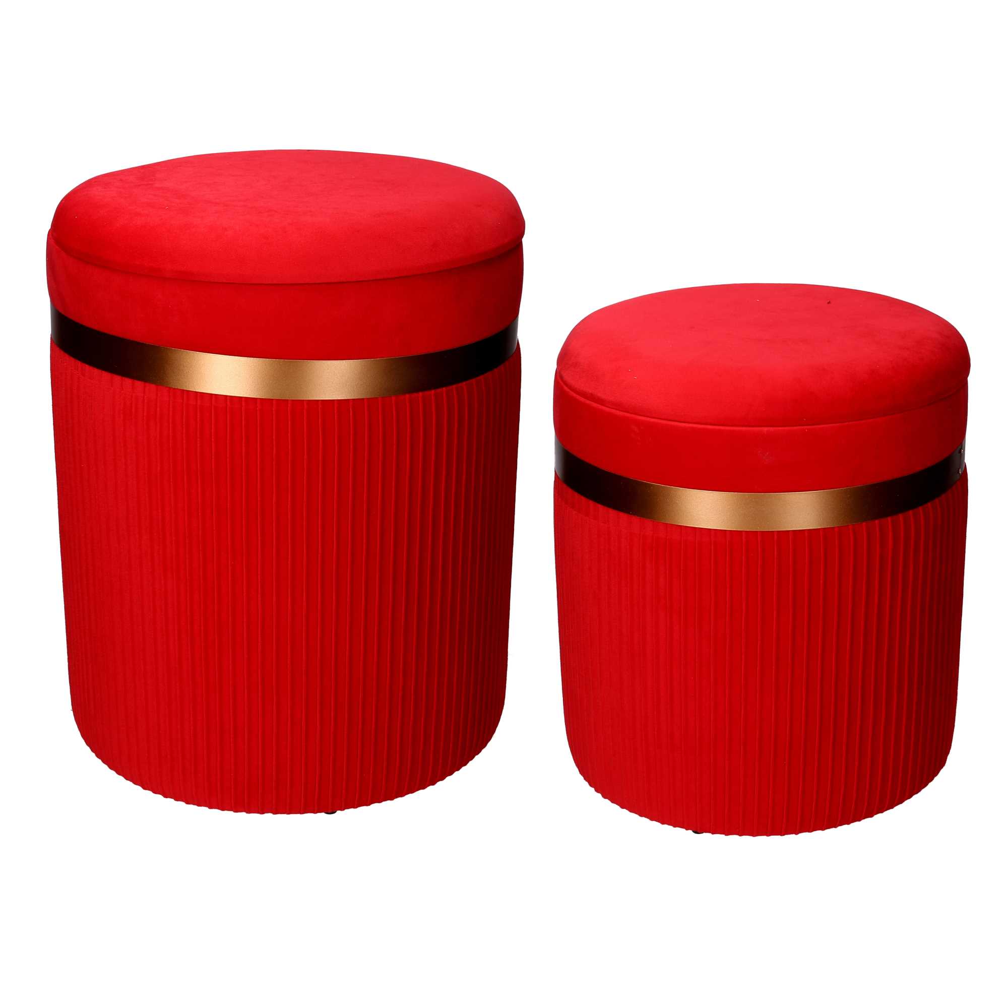 Set 2 Pouf Contenitore Ø35 cm e Ø39 cm in Tessuto Velluto Rosso
