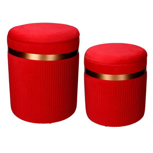 Set 2 Pouf Contenitore Ø35 cm e Ø39 cm in Tessuto Velluto Rosso