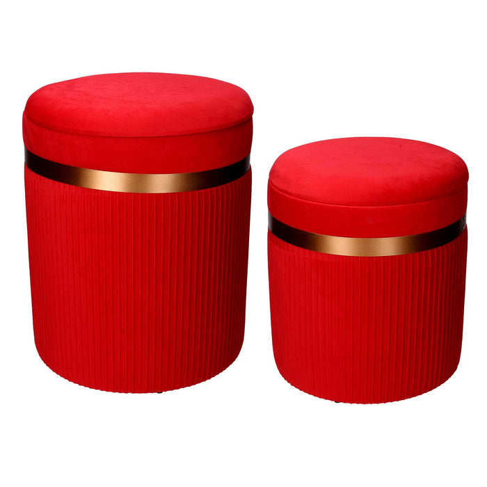 Set 2 Pouf Contenitore Ø35 cm e Ø39 cm in Tessuto Velluto Rosso