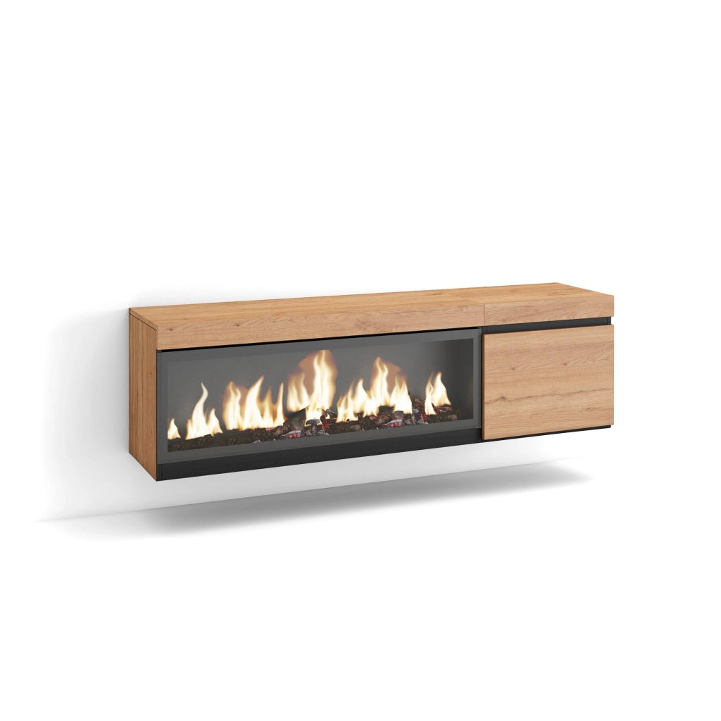 Mobile TV Soggiorno, 158x35x45cm, Per TV fino a 65", Camino elettrico XXL, da appendere, colore Rovere RF3253