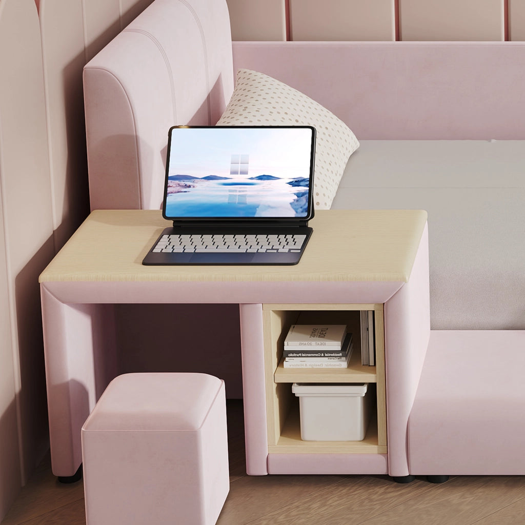 Letto per Bambini 90x200 cm - Scrivania; Sgabello e Ripiano - in Velluto - Rosa
