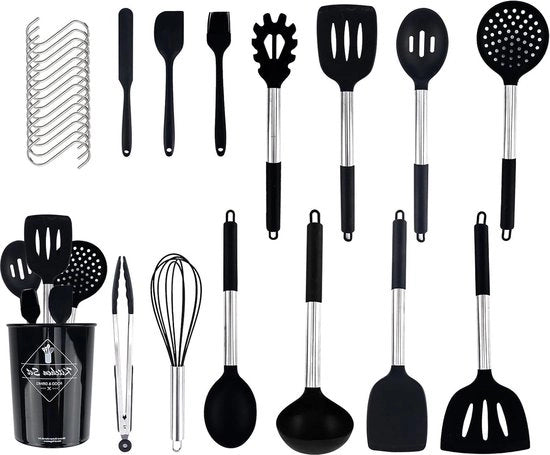 Set di Cucina da 24 pezzi con Manici in Acciaio Inox - Spatola, Cucchiaio, Cucchiaio, Cucchiaio, Pennello, Spazzola, Manici in Acciaio Inox - Resistente al Fermo e Termoresistente - Nero
