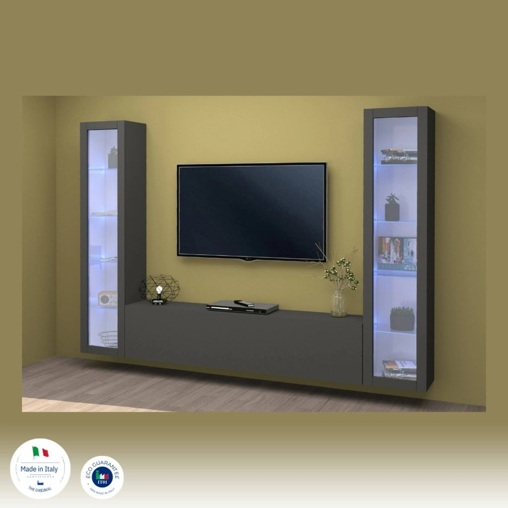 Mobile Soggiorno Leda, Parete Attrezzata 9 Ripiani Made in Italy, 260x30x180h cm Nero Antracite