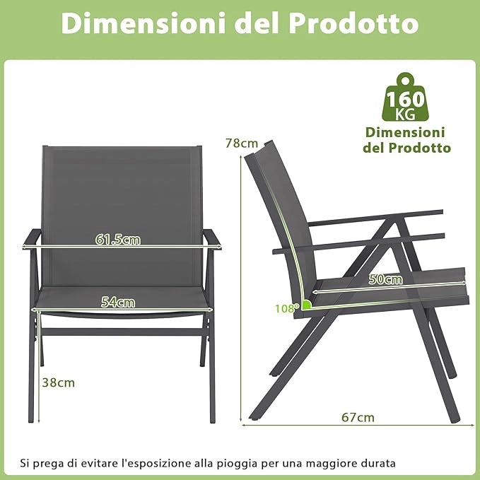 Set di 2 Sedie da Giardino, Poltrone da Esterno con Tessuto a Rete Traspirante e Struttura in Metallo, Portata 160 kg, Sedie da Terrazzo per Veranda, Balcone e Campeggio