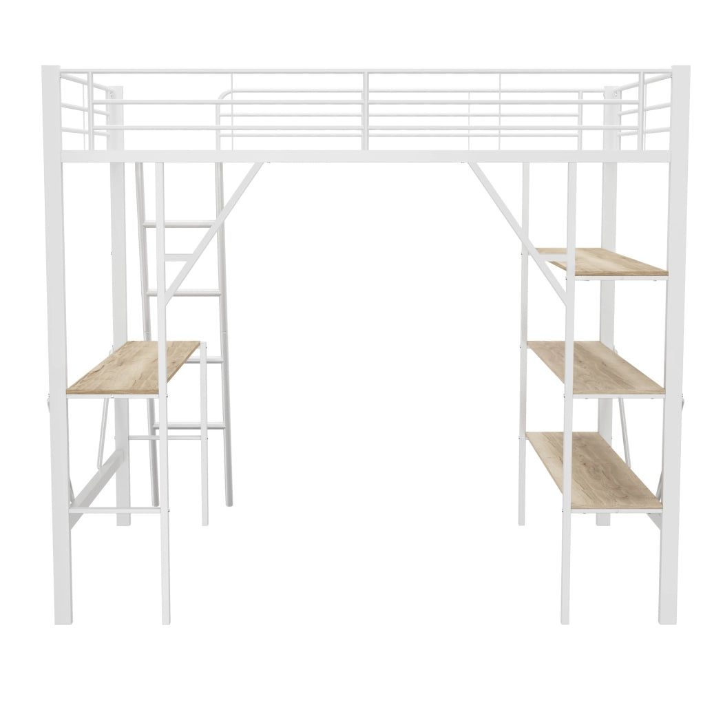 Letto a soppalco 90x200 cm con scrivania e ripiani; MDF e metallo; bianco