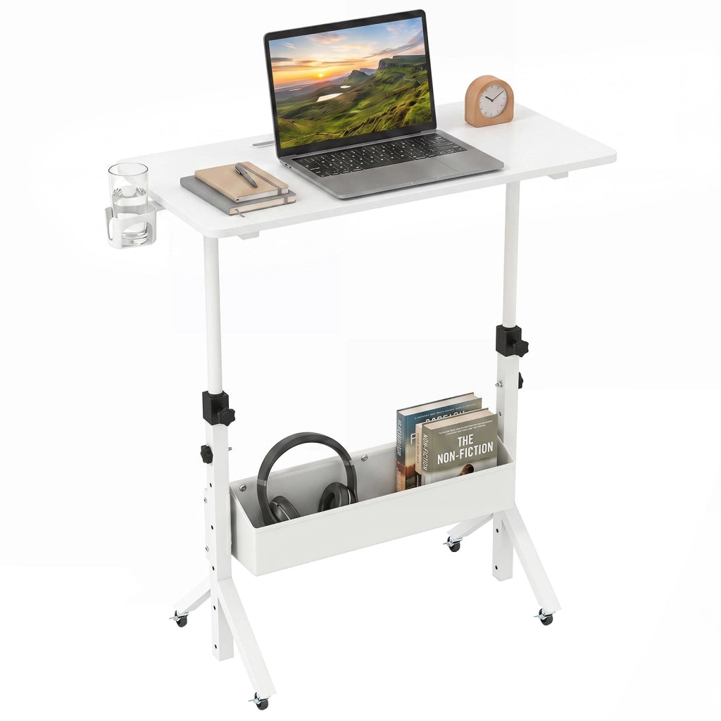 Scrivania mobile in piedi regolabile 70-117 cm ruote bloccabili, Tavolo per laptop 80x40 cm con portabicchieri e cestino Bianco