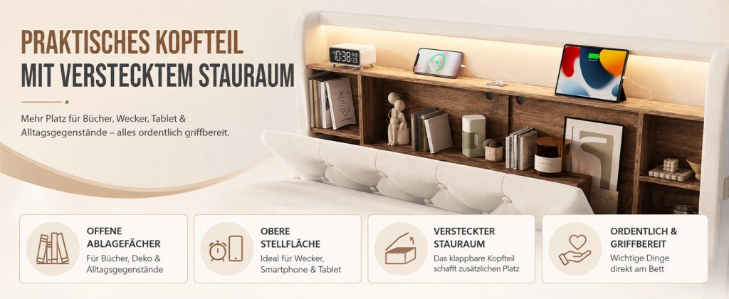 Letto contenitore 140 × 200 cm con testiera multifunzione, LED, USB e Type-C, senza materasso, beige