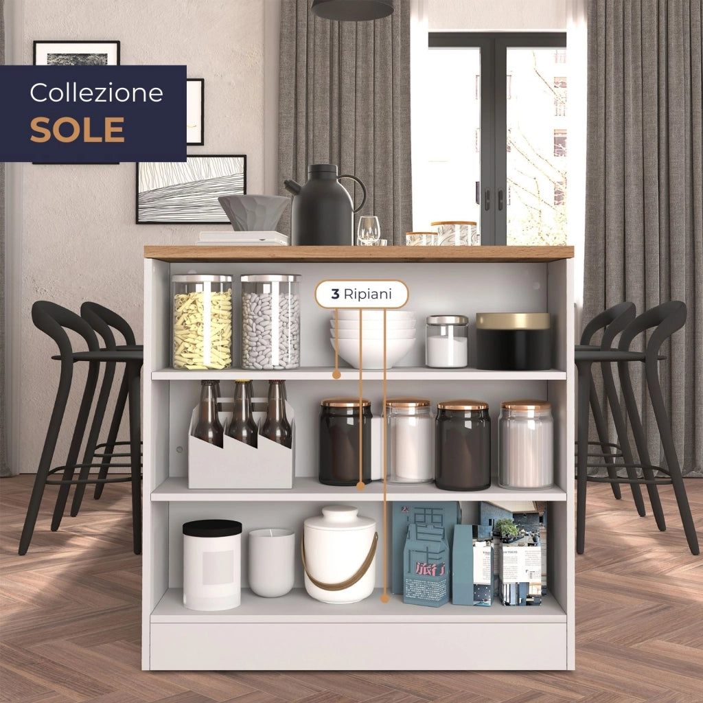 WHOUS Mobile a scaffale Sole con 3 ripiani bianco lucido e rovere 90x90x25 cm