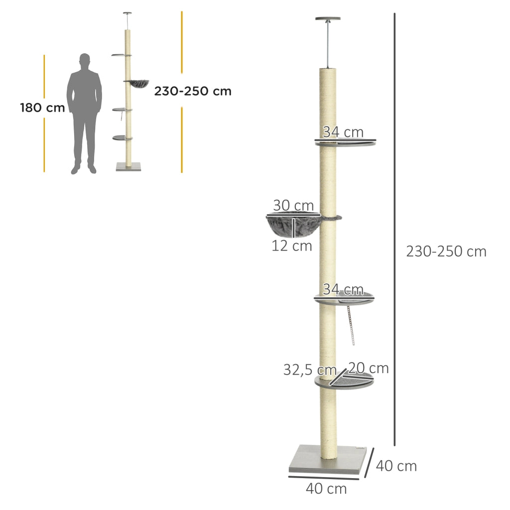 Albero tiragraffi da soffitto regolabile 230-250 cm grigio con tiragraffi, pedane e amaca per gatti fino a 5 kg