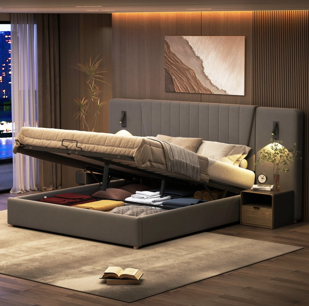 Letto imbottito matrimoniale 180x200 cm in velluto grigio con luci LED e contenitore
